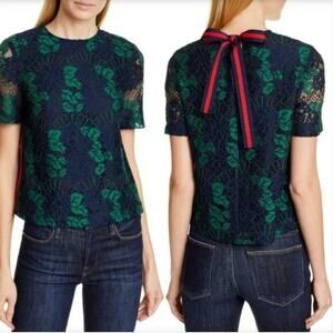 Ted Baker Thallia Back Neck Bow And Lace SS Top Women 2 Dark Academia Green Blue